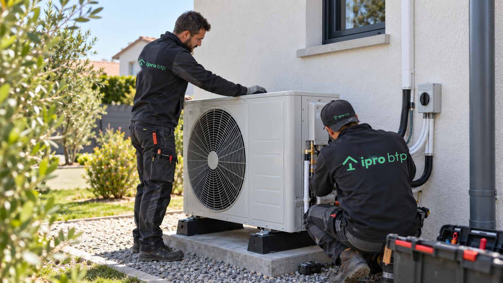 Deux techniciens IPRO BTP installent l'unité extérieure d'une pompe à chaleur contre la façade d'une maison